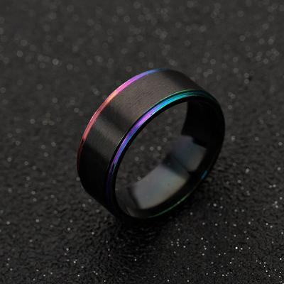 Herren Schwarz Edelstahl Ehering Zwei Farben Regenbogenlinie Polierter Ring Komfort Passform Mehrfarbig Bruderschaftsringe