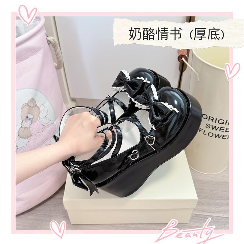 

[Товста підошва з сирним любовним листом] Оригінальні туфлі лоліти Portby College, милі туфлі з бантом з круглою головою 40 чорний