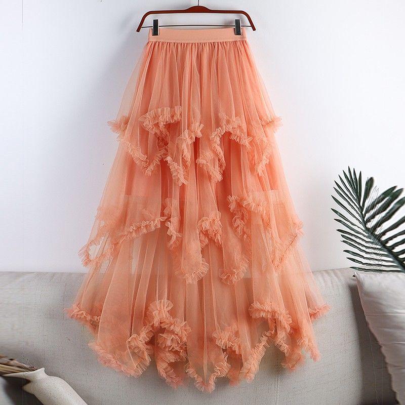 Women's 2024 Summer High-Waist Mesh A-Line Ruffled Skirt - Irregular Mid-Length Niche Style
