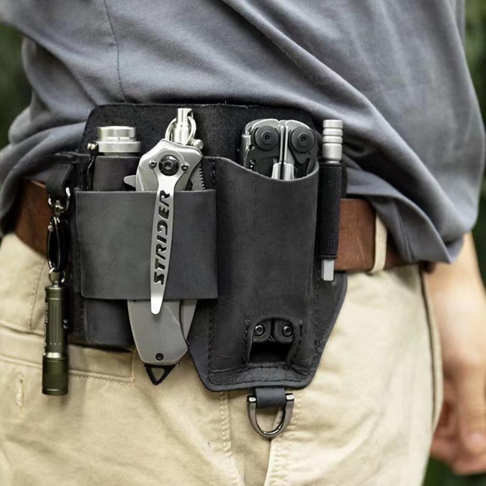 Outdoor EDC Cowhide Tool Holster Multitool Sheath Camping Survival Flashlight Pocket Organizer Key Holder Genuine Leather Tools