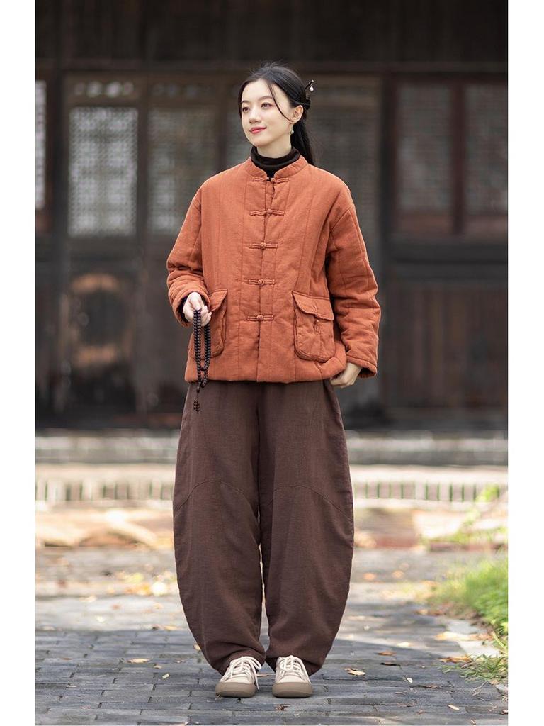 Silent Recitation: Women's Retro Quilted Vertical Stripe Cotton Jacket with Stand-up Collar and Frog Buttons