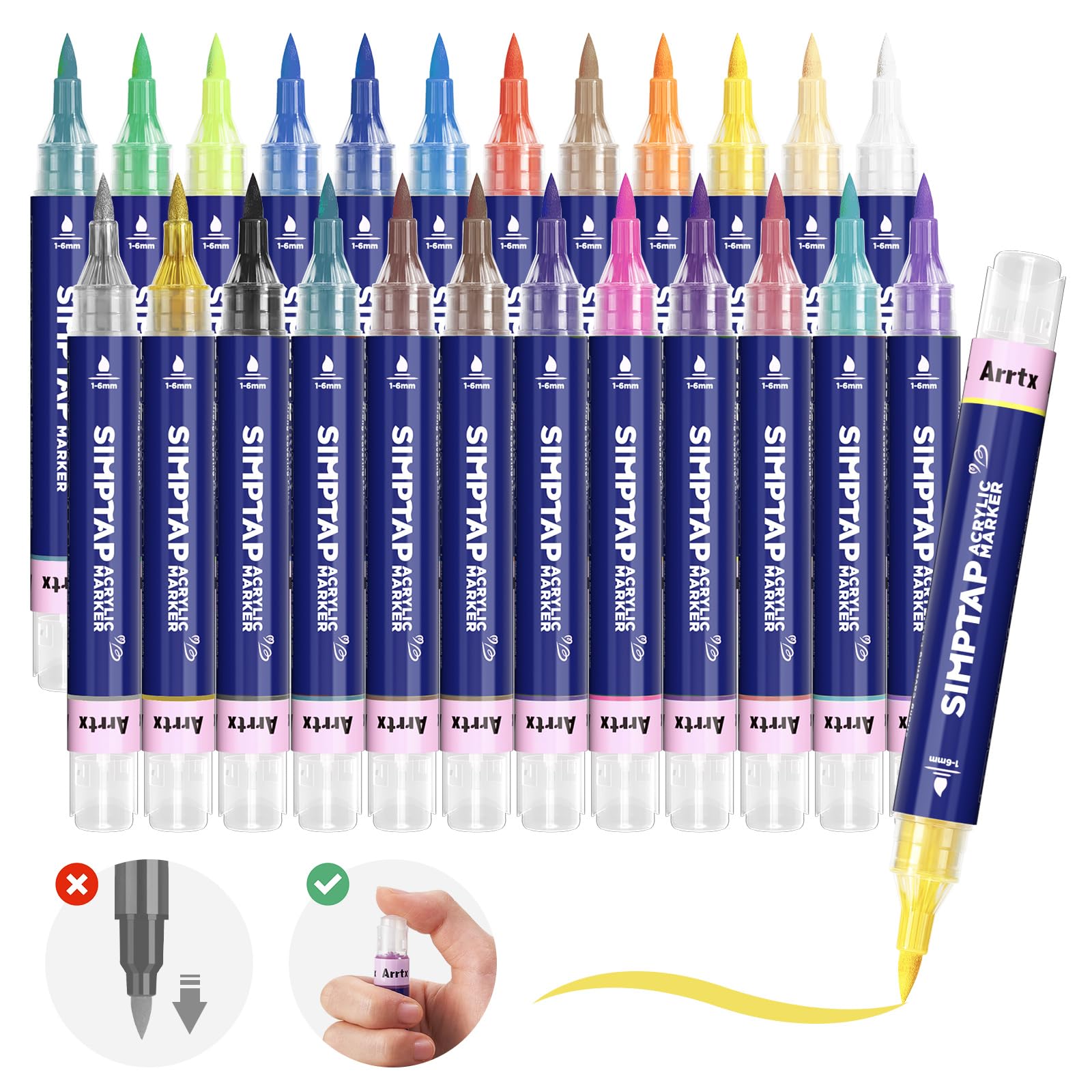 

Arrtx Simptap 24-цветная акриловая краска с верхним клапаном, акриловый маркер для пластика и краски на водной основе, маркер-ручка, бумага, камень, стена,