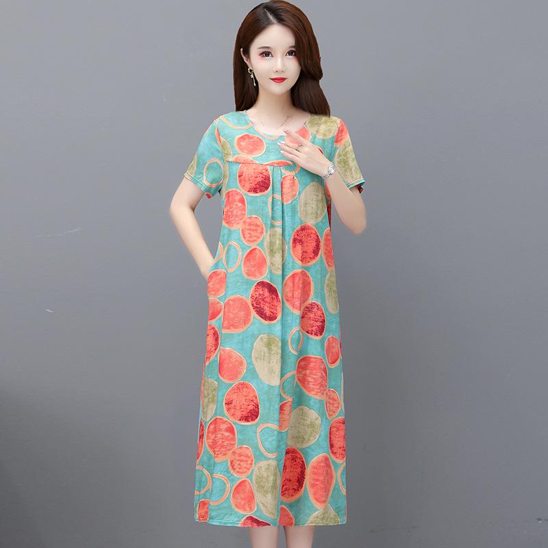 2023 Summer Floral Cotton & Rayon Dress - Stylish, Loose-Fitting, Short Sleeve for Middle-Aged & Elderly Women