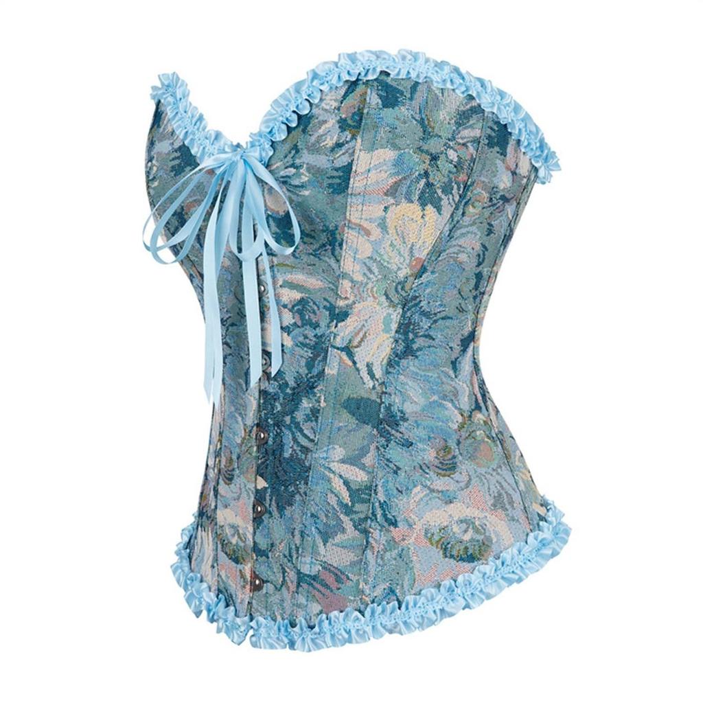 Vintage Floral Brocade Corset Top for Women, Elegant Strapless Bustier with Lace Trim and Ribbon Bow, Blue S-XXL