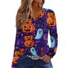 Women's Halloween Print V-Neck Long Sleeve T-Shirt with Button for Casual Holiday Wear