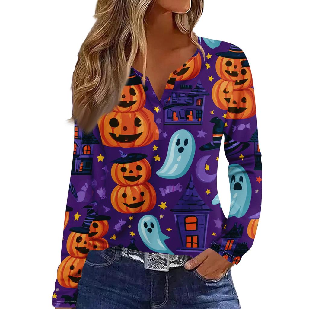 Women's Halloween Print V-Neck Long Sleeve T-Shirt with Button for Casual Holiday Wear