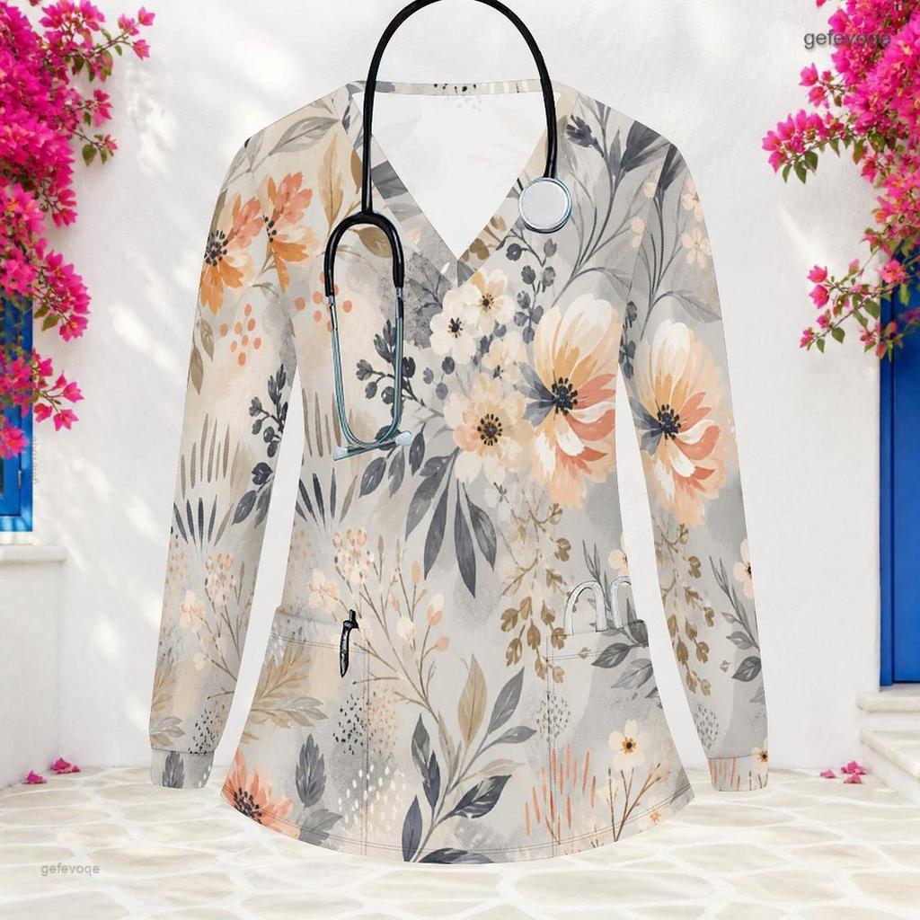 Aquarell-Blumenprint V-Ausschnitt Langarm Damen Krankenschwester Arbeitskittel Weich Atmungsaktiv Medizinische Gesundheitsversorgung Arbeitsbluse Mit Taschen