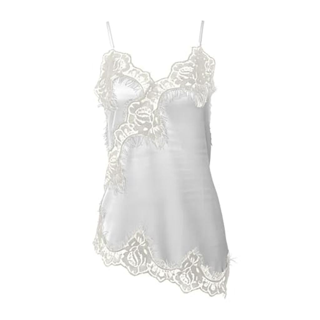 Dam Satin Lös Passform Justerbar Spagettistropp V-ringning Mode Spetskant Camisole Kort Cami Topp