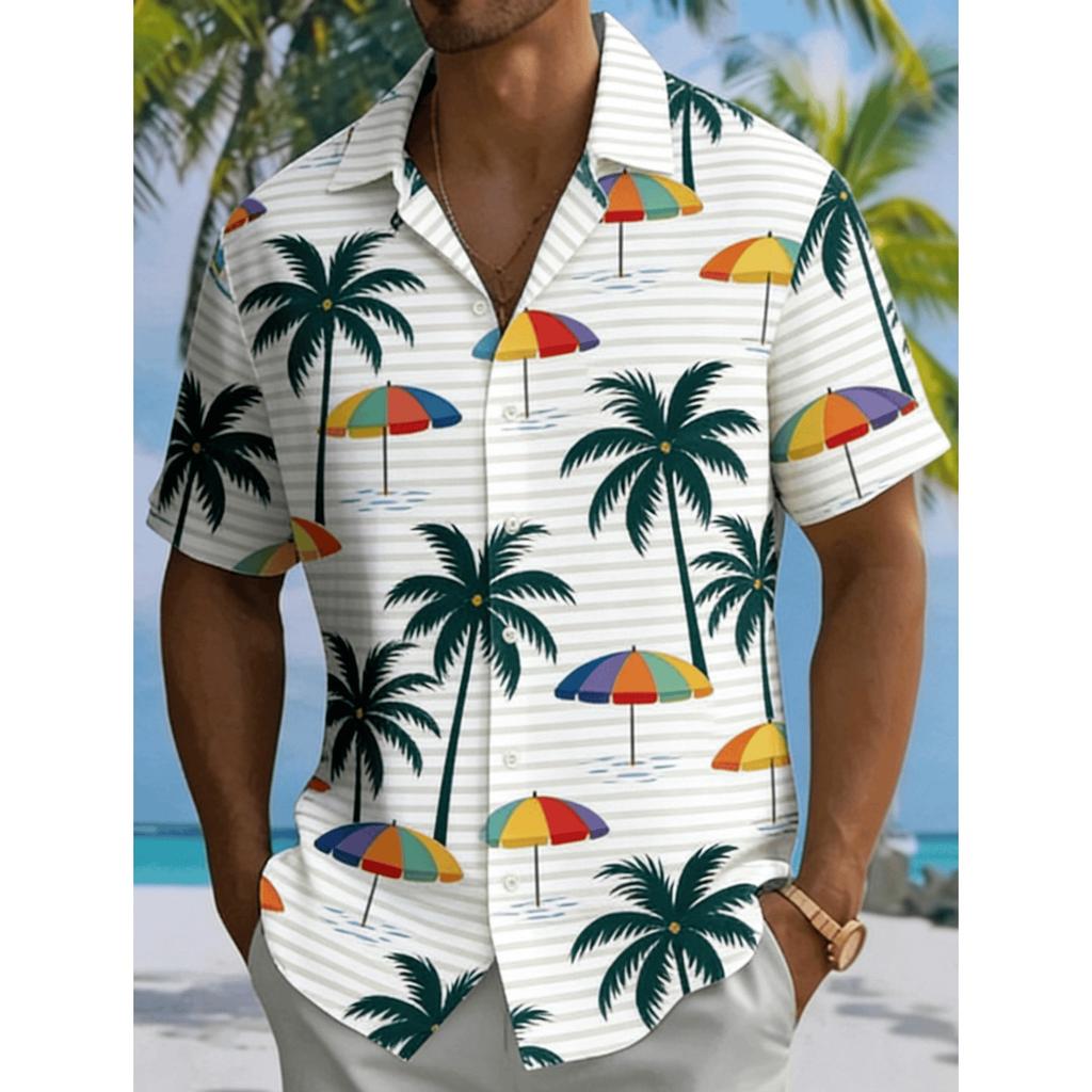Men's Coconut Tree Beach Ocean Print Short Sleeve Shirt, Spring Summer Vacation Blouse, Loose Casual Top