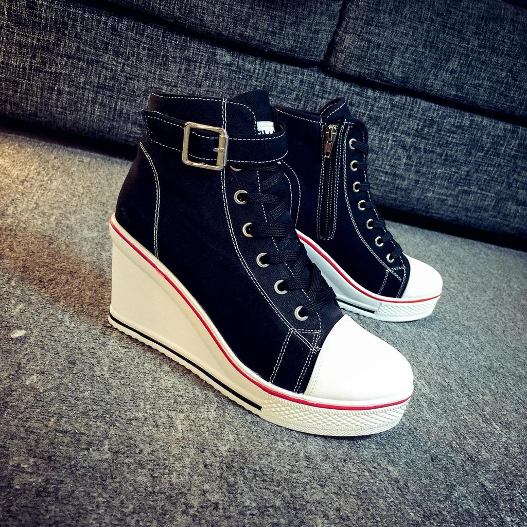 Pantofi cu pană din pânză high top pentru femei Pantofi cu șireturi din denim până la gleznă pentru femei Pantofi din pânză pentru gleznă pentru doamne Adidași cu toc de 8cm pentru femei