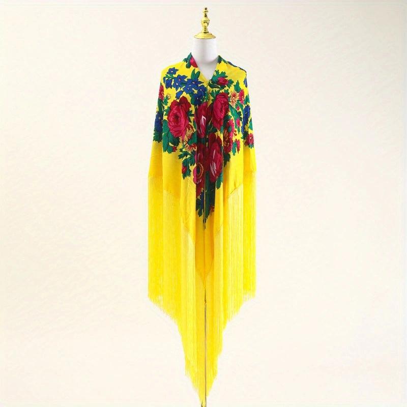 Elegant Long Tassel Peony Flower Shawl Scarf - Ethnic Retro Style, 50cm.