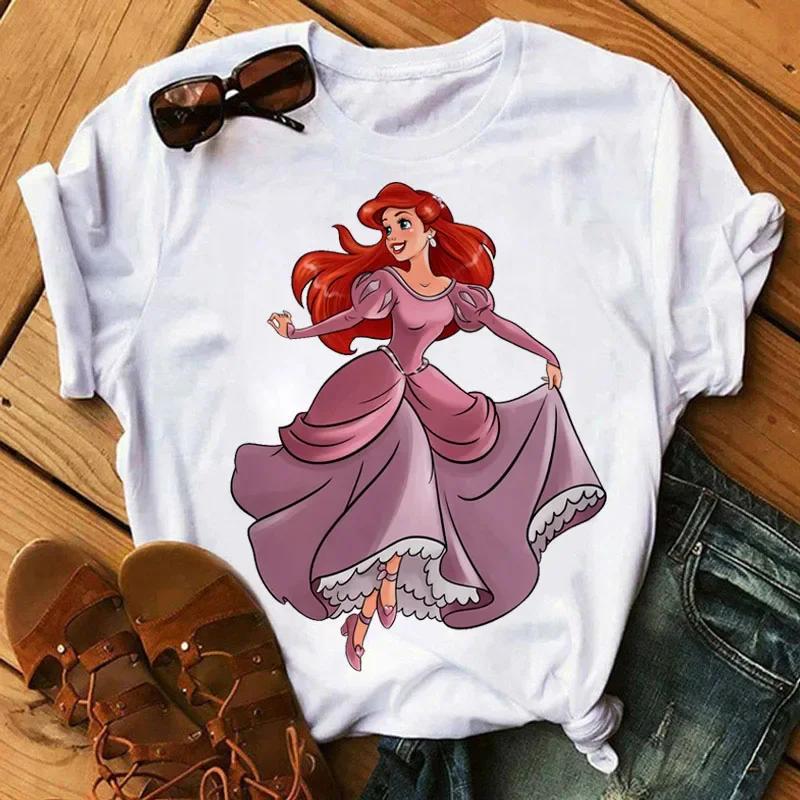 Disney Princess Creative Printed Short Sleeve Tshirt 2025 Summer New Women Cute Plus Size Harajuku Loose Casual Comfortable Top