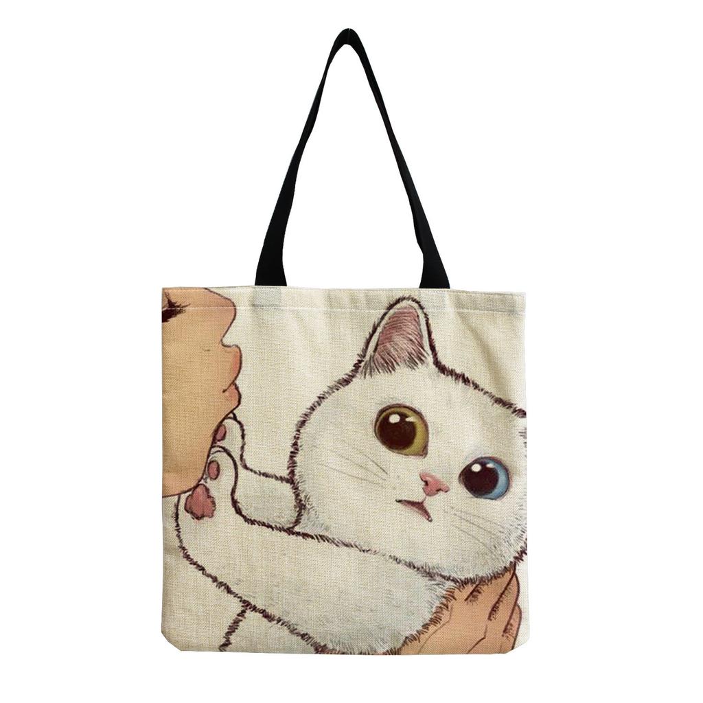 Damen Vintage Leinen-Tragetasche - Große Kapazität Katzen-Print Schulter-Handtasche für Freizeit & Lebensmitteleinkauf KTB