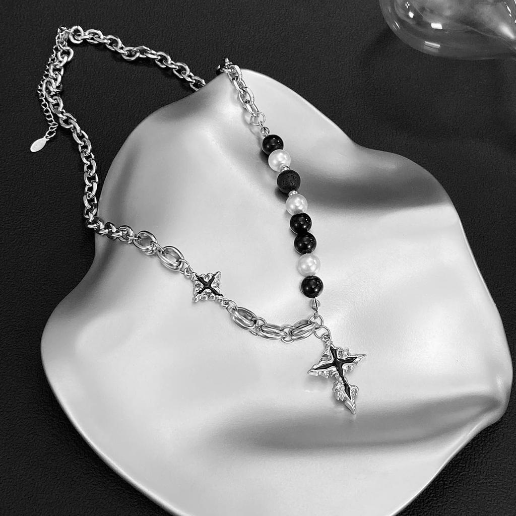 Cross Stainless Pearl Volcanic Rock Silver Chain Long Vintage Cross Gift [Rockyu] Men's Necklace, Steel, & Beads, Pendant, Necklace, Style, Accessory,