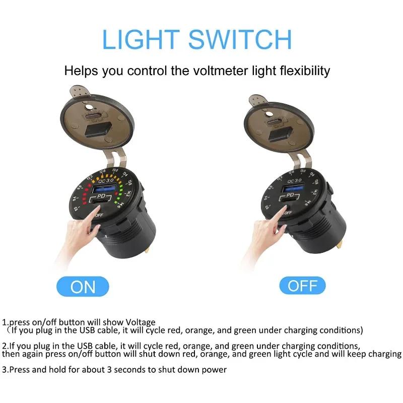 USB-C 48W Car Charger Socket 12/24V QC3.0 & PD Outlet Fast Charging with Voltmeter ON/OFF Power Switch for Car Boat Motorcycle