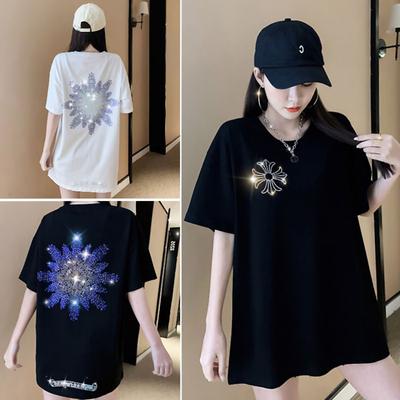 New Summer Style Gradient Snowflake Ironing Diamond Short-sleeved Round Neck T-shirt Women's Mid-length Loose Top