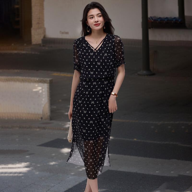 Sanpowa V-Neck Printed Chiffon Midi Dress M