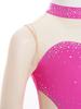 Girls Sparkle Rhinestones Figure Skating Costume Color Block Mesh Patchwork Long Sleeve Keyhole Back Dance Dress