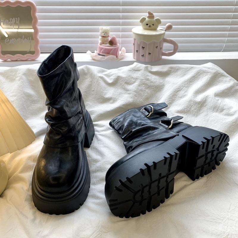 Black Skinny Martin Boots Women's 2025 New Autumn Thick-soled Heightening Small Retro British Short Boots Women