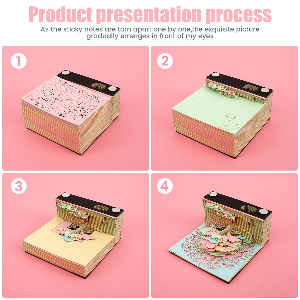 Creative Forest 3D Memo Pad with Pen Holder Acrylic Cover Tear-Away DIY Note Pad Paper Carving Art for Desktop Decoration Gift
