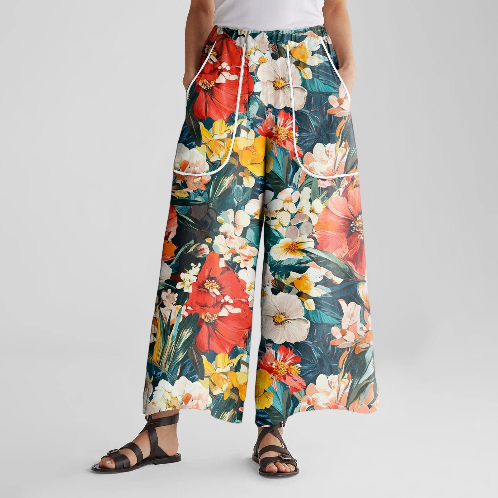 

Женские брюки широкие от бедра с эластичным поясом, с принтом, с большими карманами, с отделкой пэчворк по краю, свободные S