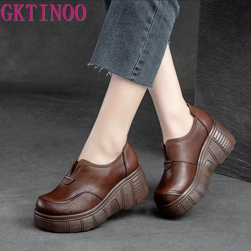 GKTINOO Handmade Women's Platform Shoes For Women Genuine Leather Footwear Woman Vintage Soft Comfort Wedges Breathable Pumps
