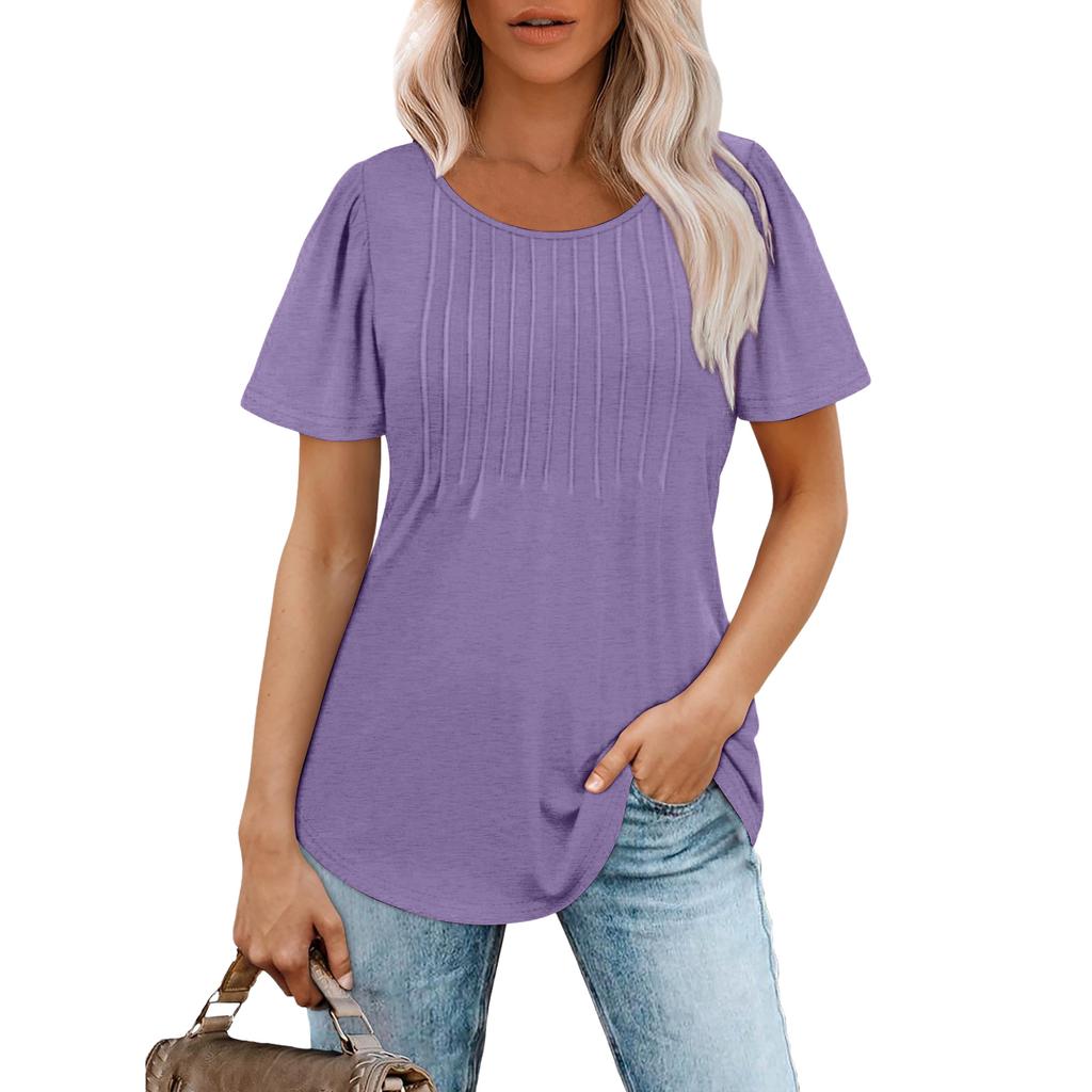 Women Short Sleeve Pleated T Shirt Casual Loose Fit Crew Neck Ruched Top Soft Lightweight Blouse for Daily Wear Office School