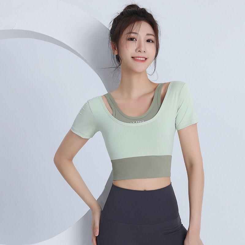 

Распродажа одежды для йоги с нагрудником Женская футболка с коротким рукавом из двух частей для бега, быстросохнущая одежда для тренировок, спортивные топы, лето