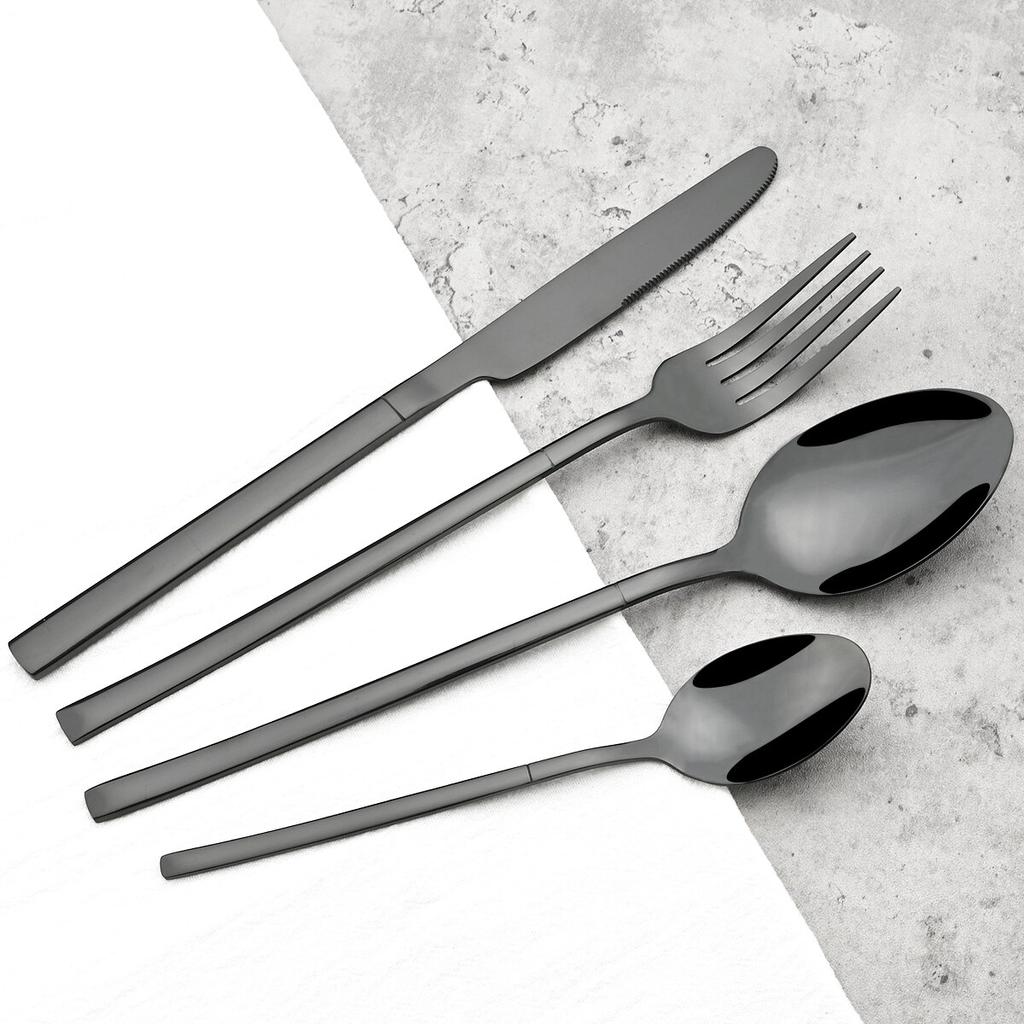 6People Stainless Steel Cutlery Set Knife Fork Tea Spoon Dinner Tableware Black Dinnerware Party Kitchen Flatware Silverware Set