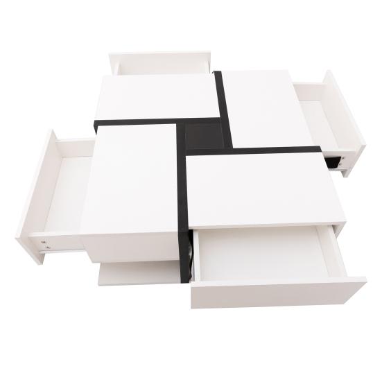 Wood Center Table High Gloss Coffee Table with 4 Drawers Unique Tea Color Coordination And Line Design Storage Space Below