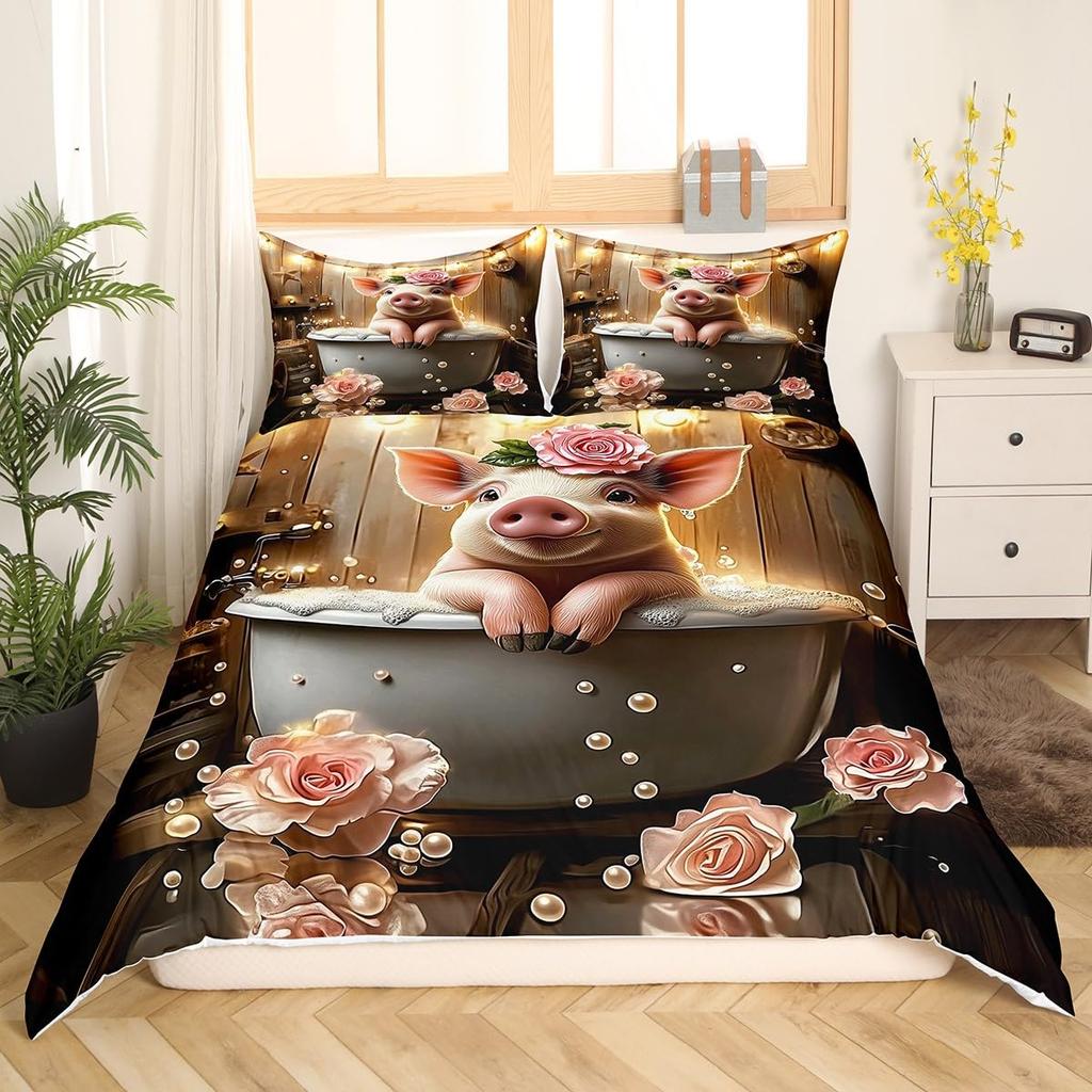 Pigs Duvet Cover Set for Kids Boys Girls Quilt Covers Lightweight Down Room Decor Queen Size 2 Pillowcase 1 Duvet Cover No Quilt