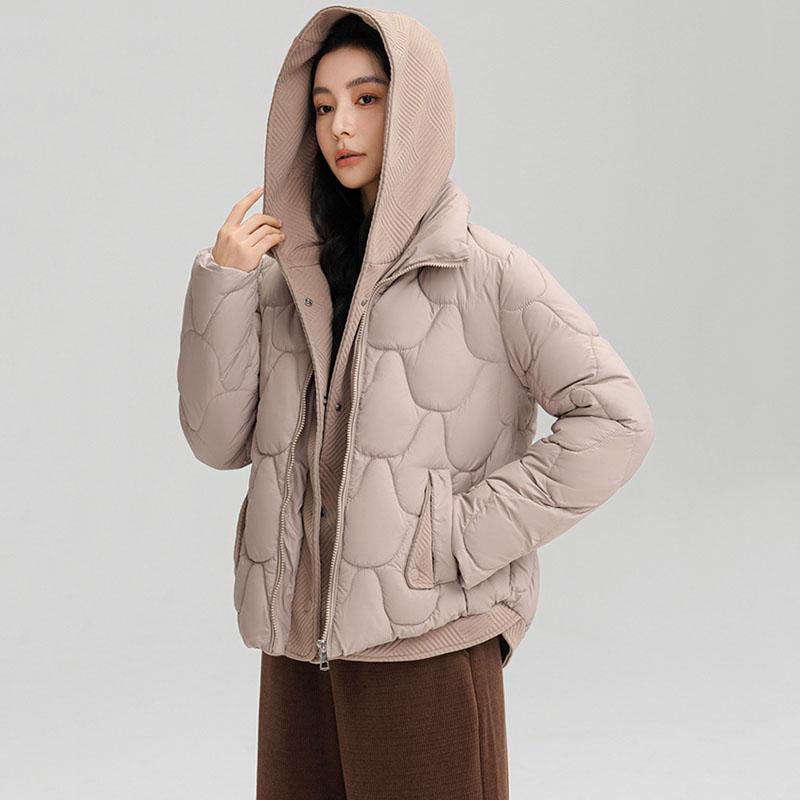 Veste d'hiver tendance ample en coton rembourrée de duvet pour femme à capuche confortable fausse deux pièces manteau bouffant élégant polyvalent vêtement d'extérieur
