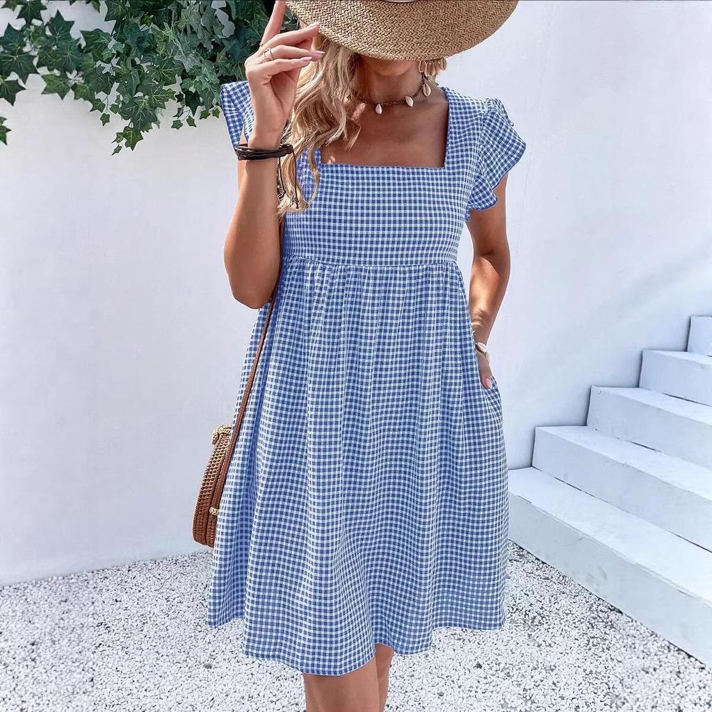 European & American Women's Ruffle Sleeve Square Neck Plaid High-Waisted Dress
