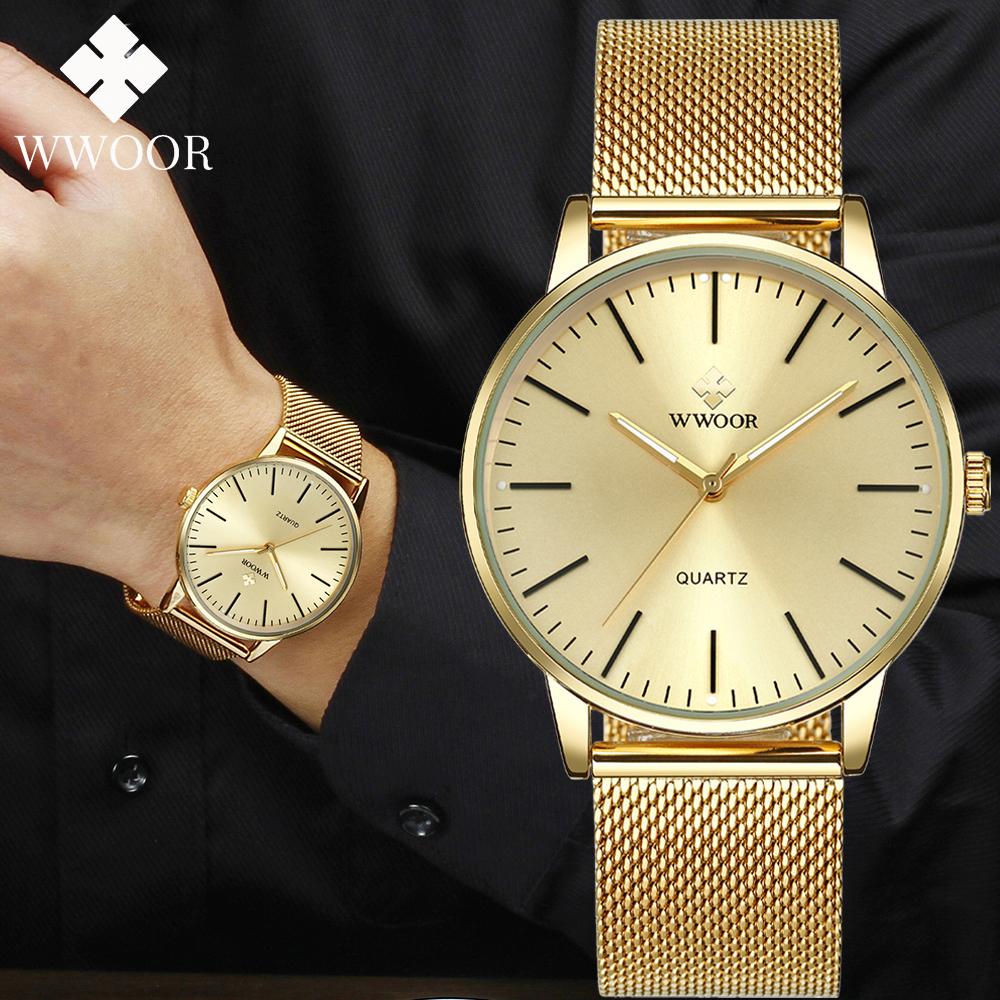 WWOOR Gold Watches Ultra Thin Simple Men Quartz Watches Waterproof Mesh Belt Full Stainless Steel Wristwatch