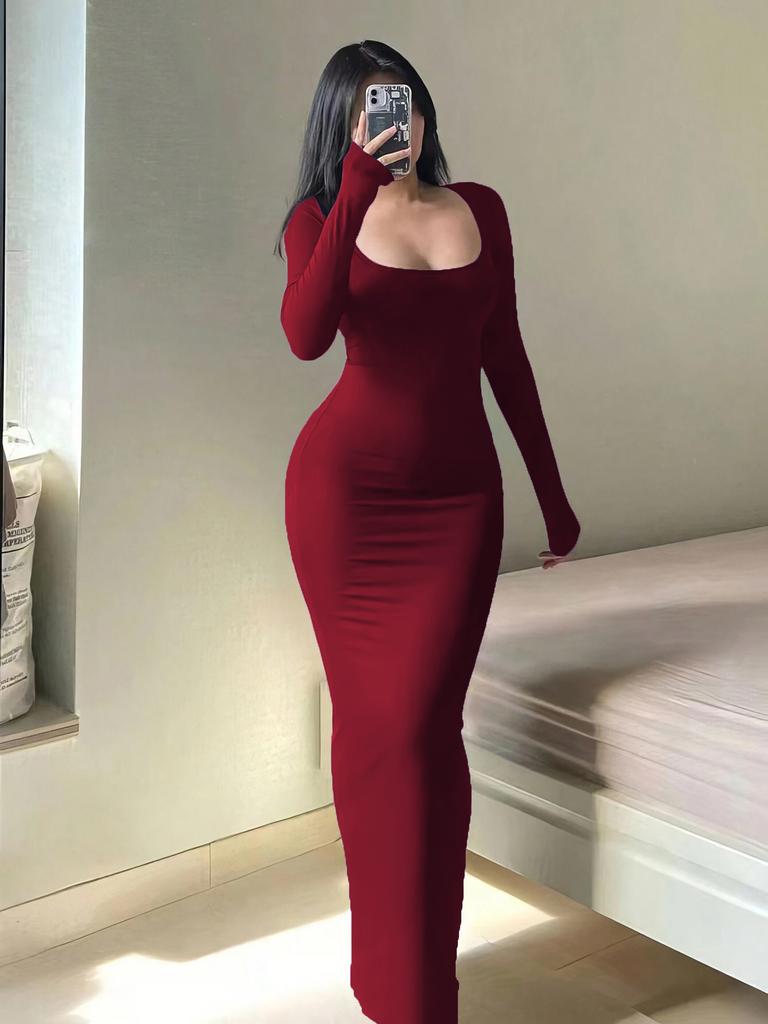 Women's Solid Long Sleeve Bodycon Dress, Chic Basic Minimalist Causual Fashion Scoop Neck Long Dress, Womenswear