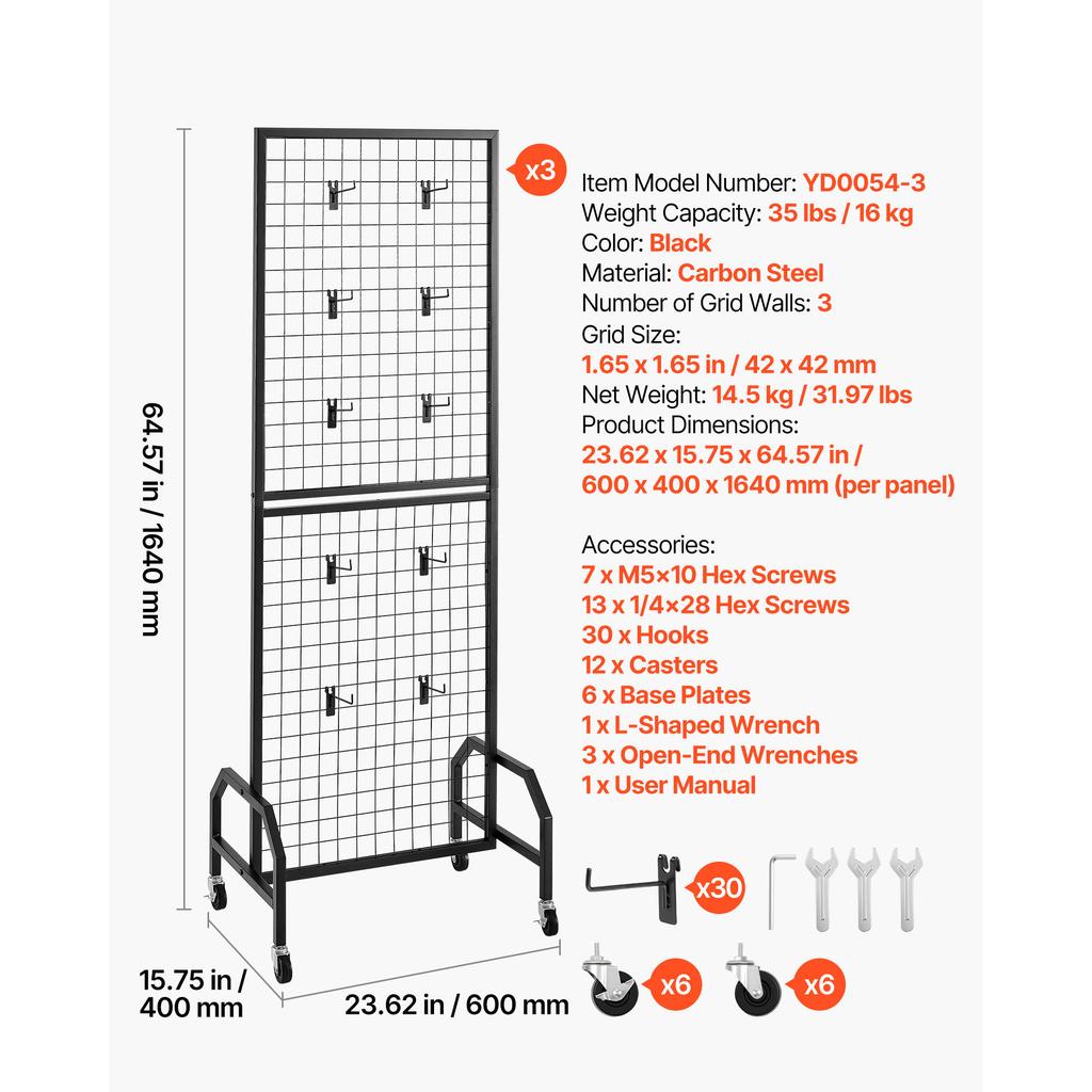SucceBuy Grid Wall Panel Wire Grid Panels Display Rack Movable Art Display Shelf with Wheels and Hooks for Craft Show Decoration