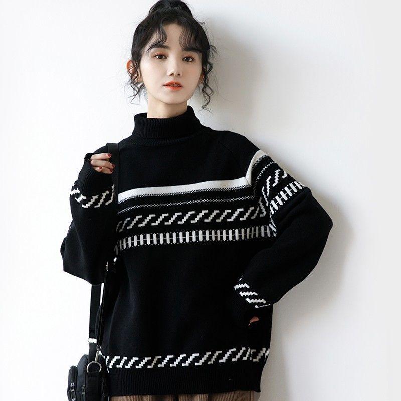 

Женский пуловер 2023, зимний черный полосатый свитер с высоким воротом, женский зимний свободный свитер с напуском, свободный свитер, женский пуловер One Size чёрный