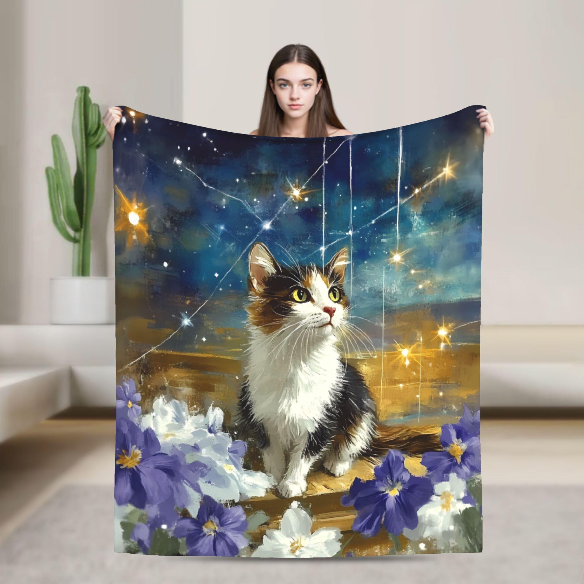 

cat looks up at the starry sky Flannel printed blanket suitable for all seasons suitable for living room office sofa and travel 75x100cm (30x40inch)