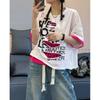 Women's Summer Letter Print Oversized Distressed Short-Sleeve T-Shirt Elegant Slimming Patchwork Color-Block Top