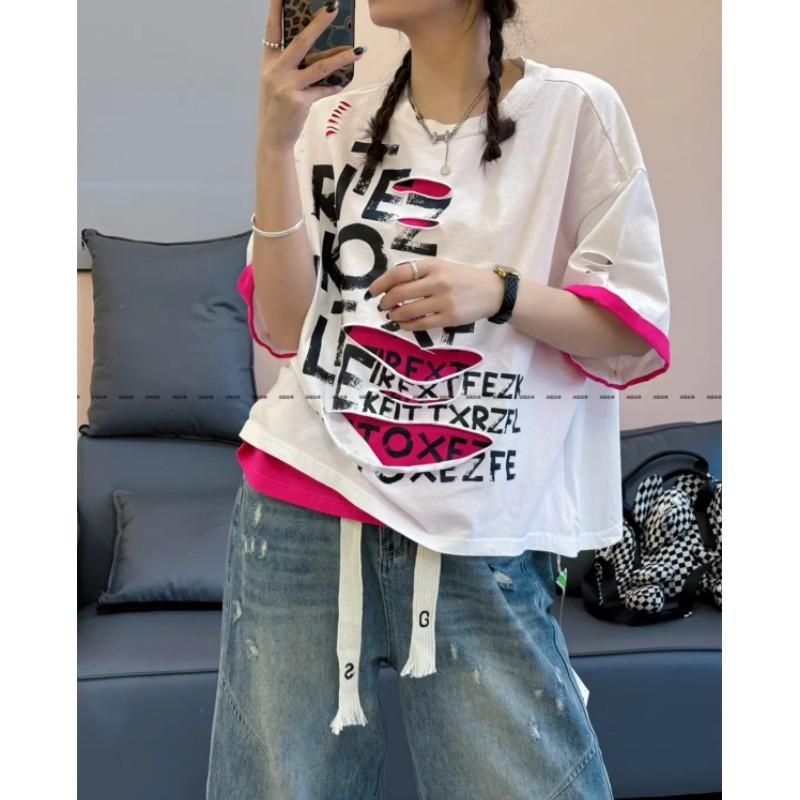 Women's Summer Letter Print Oversized Distressed Short-Sleeve T-Shirt Elegant Slimming Patchwork Color-Block Top