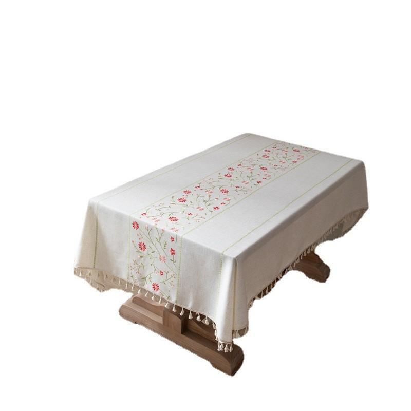 Polyester Hemp Amazon Embroidery Pastoral Small Flowers Fringed Tablecloth Rectangular Coffee Table Tablecloth Table Cloth
