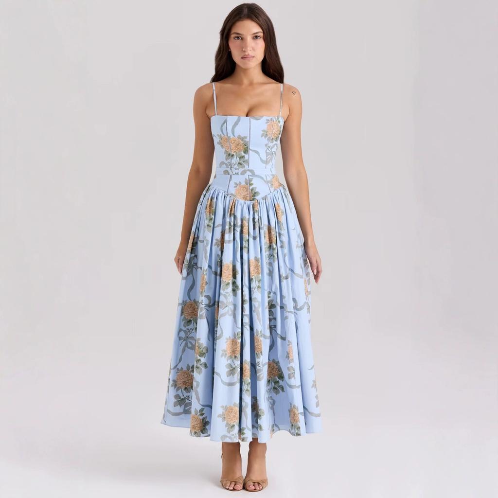 French sky blue retro rose print medium and long sundress women's summer suspender dress