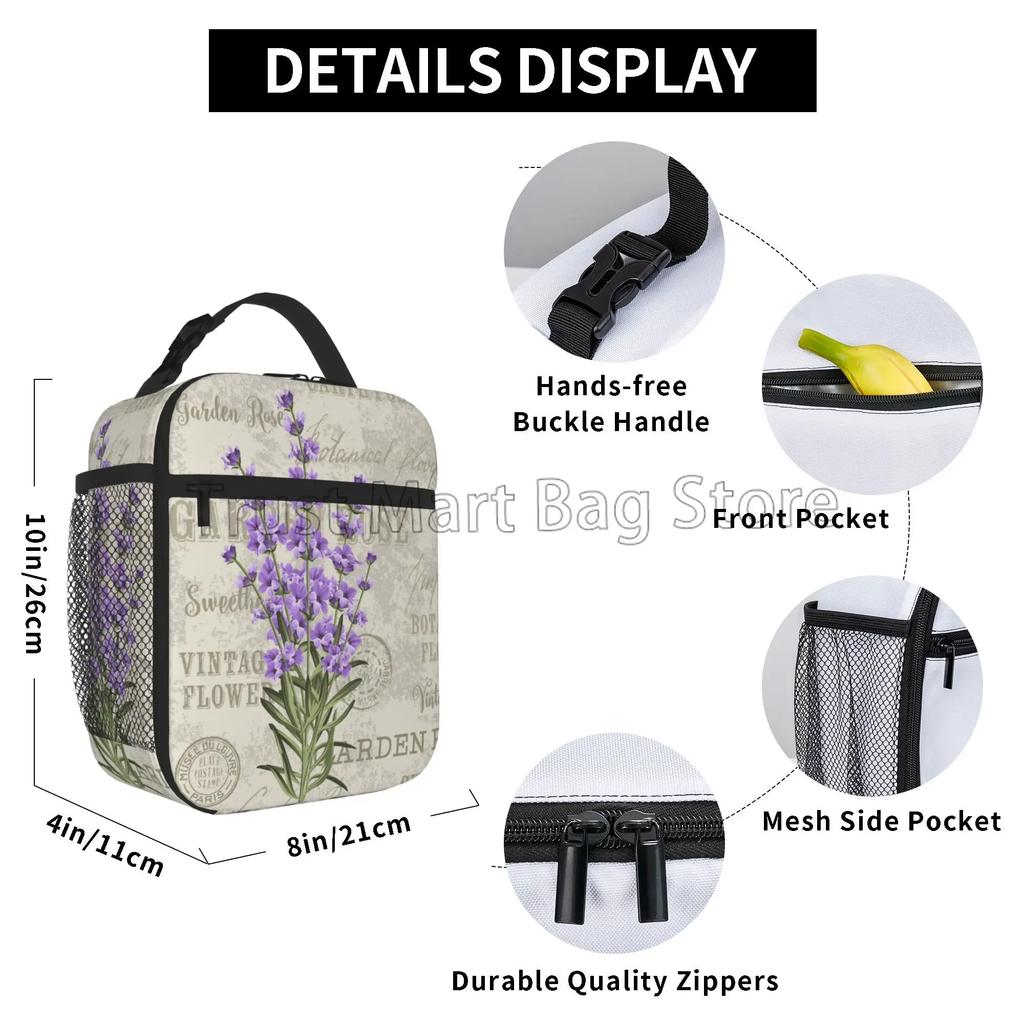 Vintage Lavender Flowers Insulated Lunch Box Reusable Portable Lunch Bag Durable Cooler Bento Tote for Women Work Travel Picnic