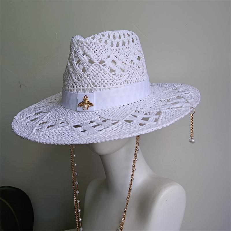 White Malan Flower Straw Hat Punk Pearl Chain Diy Supports All Kinds Of Hat Customization New Punk Hats For Men And Women