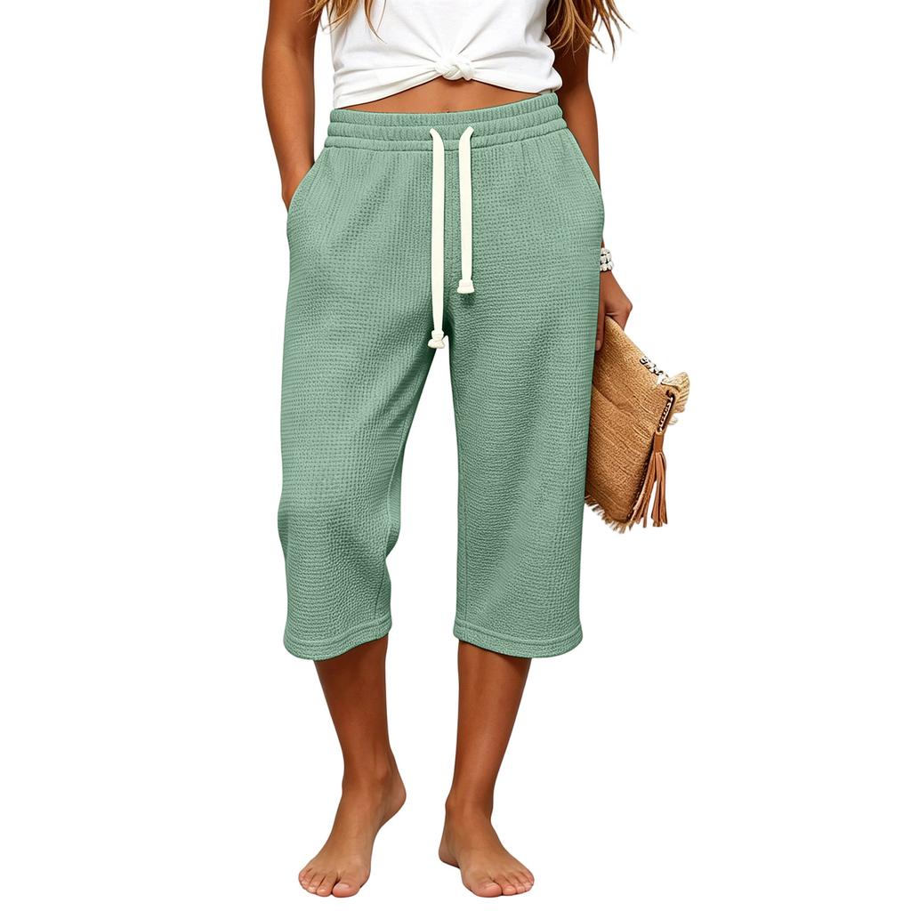 Women Waffle Knit Capri Pants High Waist Elastic Drawstring Casual Loose Fit Side Pockets Mid Length Lounge Pants Summer Wear