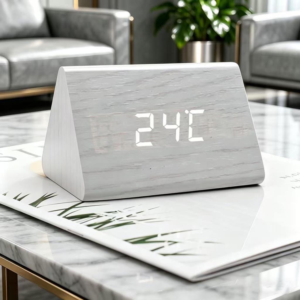 Voice-Activated Wooden Office Silent Multifunctional Digital Clock with Temperature Display and Student Alarm