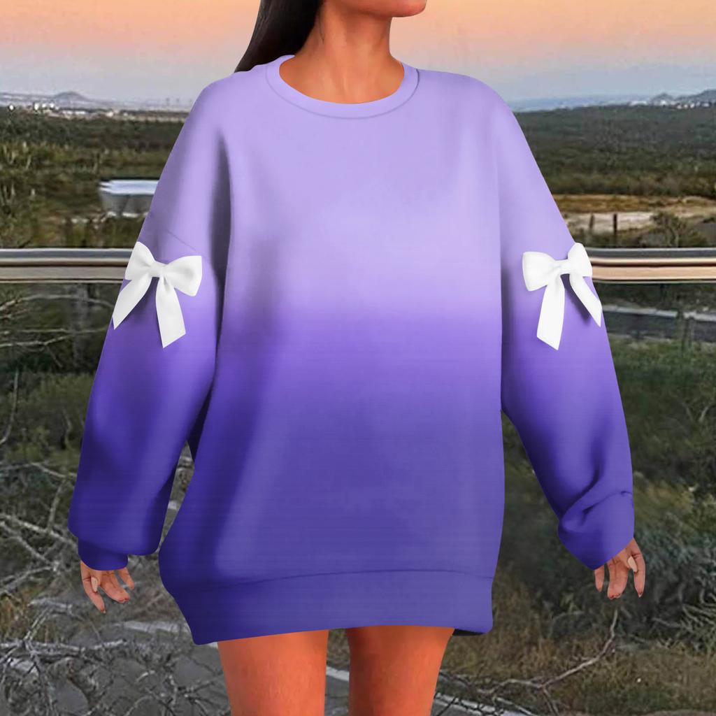 Damtröja med graderat tryck, rosett, rund hals, lång ärm, lös passform