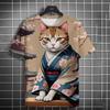 Summer Men's Fashion Casual Print Men's Cat Warrior Guard with Knife Art Print Hooded T-Shirt Round Neck Street T-Shirt Top