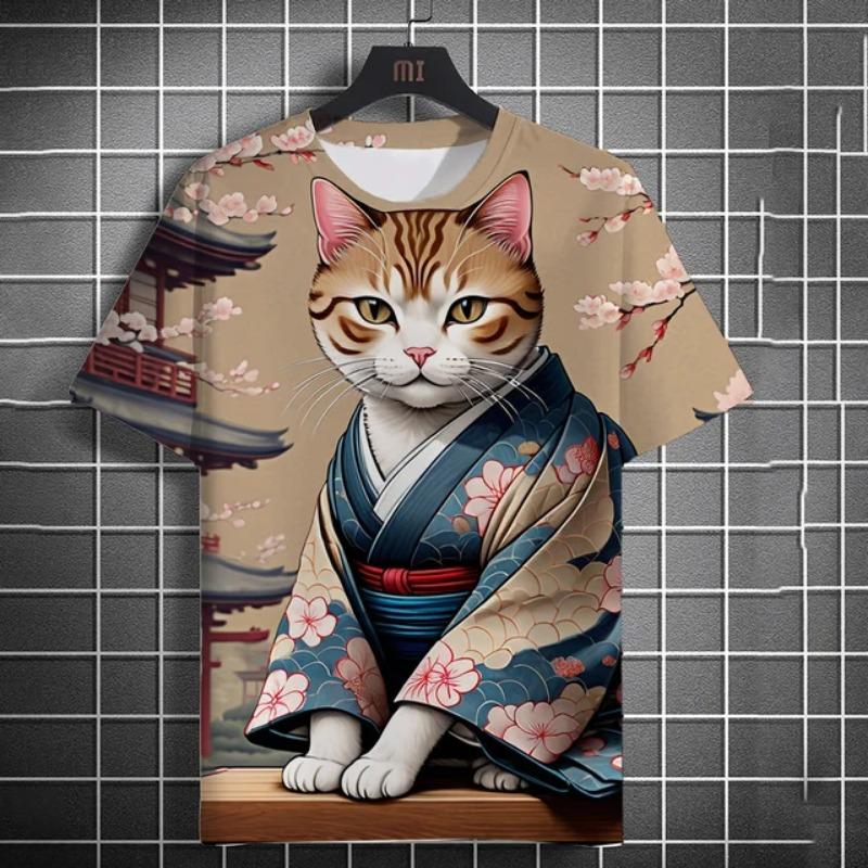 Summer Men's Fashion Casual Print Men's Cat Warrior Guard with Knife Art Print Hooded T-Shirt Round Neck Street T-Shirt Top