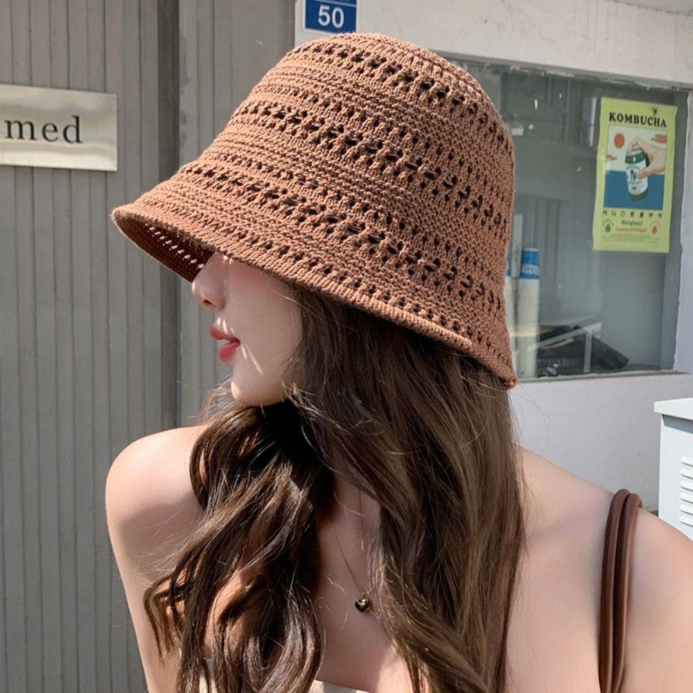 Knitted Sun Hat Foldable Hollow Beach Cap Casual Fisherman Hat